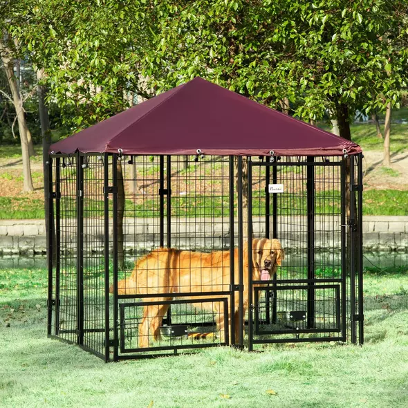 PawHut Outdoor Dog Kennel with Rotating Bowl Holders, Water and UV-Resistant Cover, for Medium, Small Dogs, Red - 2