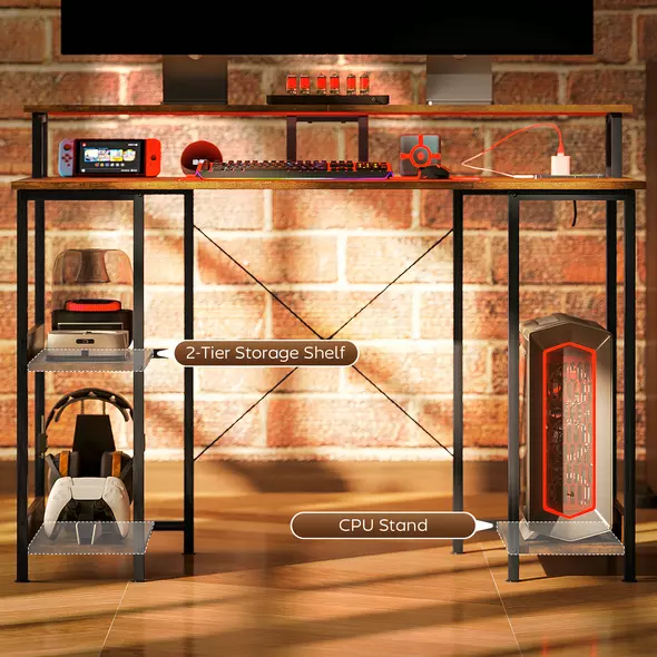 HOMCOM LED Computer Desk, with Power Outlets and Shelves - Rustic Brown - 8