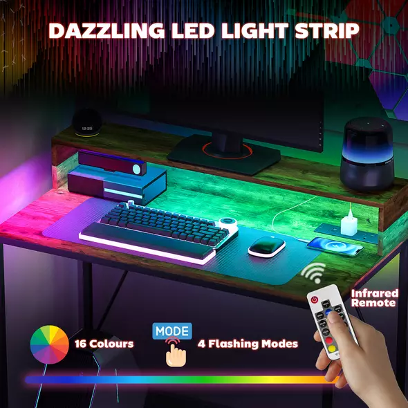 HOMCOM 100cm Computer Desk with LED Lights and Power Outlets, Gaming Desk with Monitor Stand, Computer Table with Remote for Home Office Study, Rustic Brown - 4