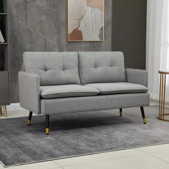HOMCOM Modern Two Seater Sofa, Button Tufted Loveseat with Cushions and Steel Legs for Living Room, Guest Room, Grey - 2