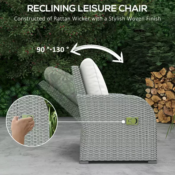 Outsunny Six-piece Outdoor Rattan Dining Set, Outdoor Sofa Set with Reclining Armchairs and Mental Frame, Grey - 6