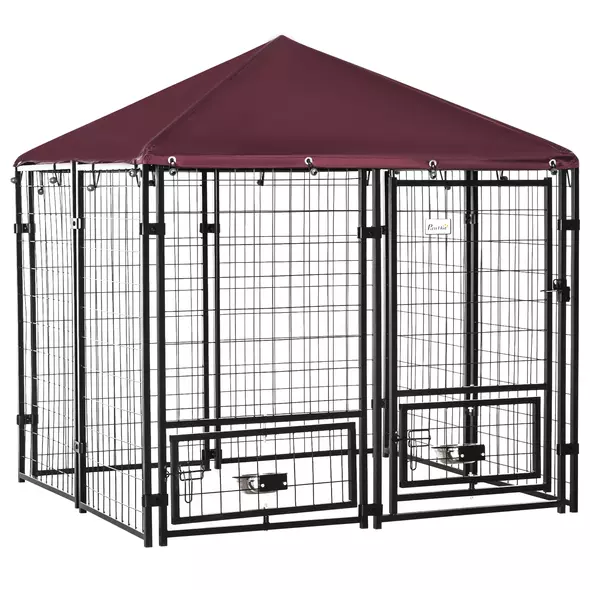 PawHut Outdoor Dog Kennel with Rotating Bowl Holders, Water and UV-Resistant Cover, for Medium, Small Dogs, Red - 1