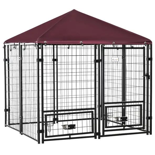 PawHut Outdoor Dog Kennel with Rotating Bowl Holders, Water and UV-Resistant Cover, for Medium, Small Dogs, Red - 1