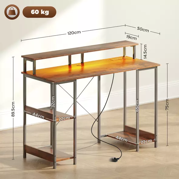 HOMCOM LED Computer Desk, with Power Outlets and Shelves - Rustic Brown - 3