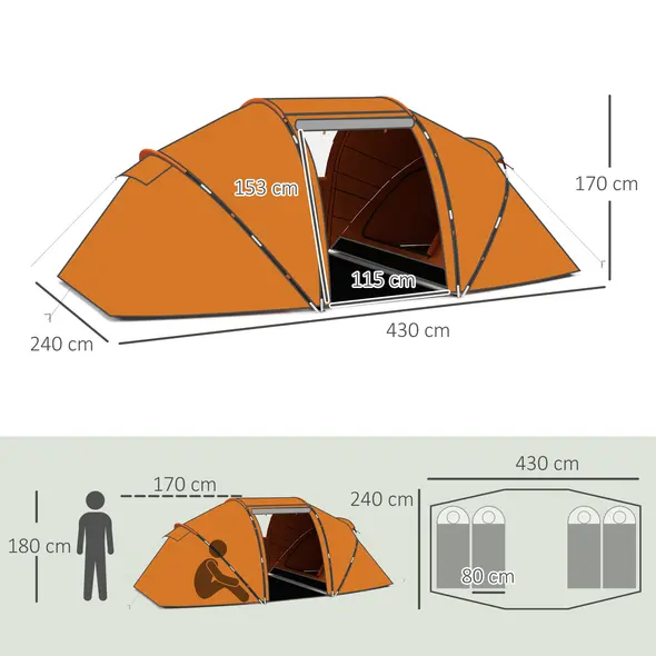Outsunny 4-6 Man Camping Tent with Living Area and 2 Bedrooms, Hiking Sun Shelter, UV Protection Tunnel Tent, Orange - 3