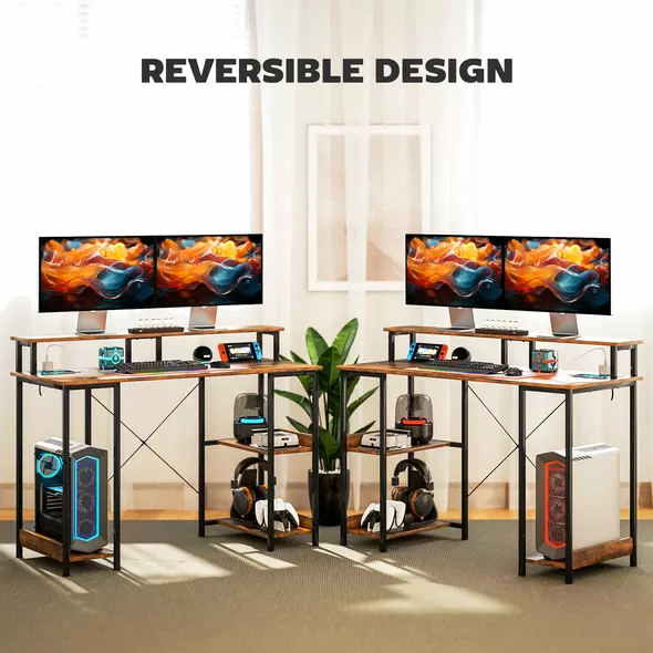 HOMCOM LED Computer Desk, with Power Outlets and Shelves - Rustic Brown - 7