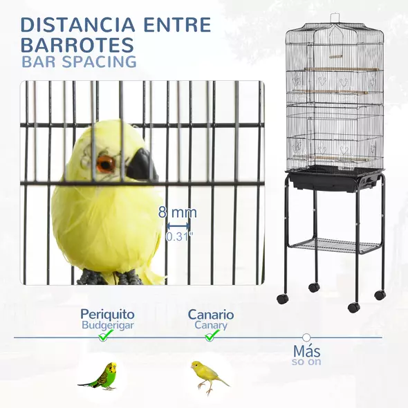 PawHut Bird Cage Budgie Cages for Finch Canary Parakeet with Stand Wheels Slide-out Tray Accessories Storage Shelf, Black 46.5 x 36 x 157 cm - 6