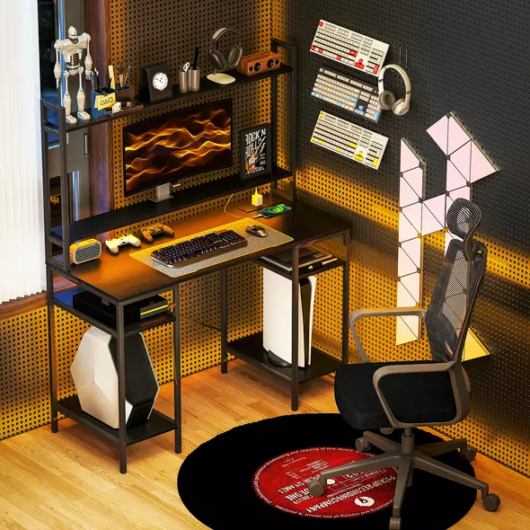 HOMCOM Computer Desk with Power Outlets and LED Lights, Home Office Desk with Monitor Stand, 2 CPU Stands and Storage Shelves, Study Table Gaming Desk with Hutch, Black - 2