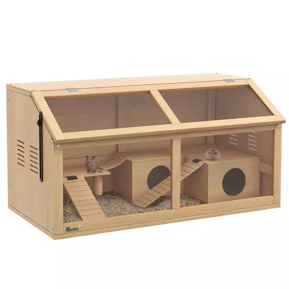 PawHut Hamster Cage, Wooden Small Animal Cage for Gerbils, Mice w/ Suspension Bridge, Openable Top, Hut, 85 x 45 x 44cm Nature - 1