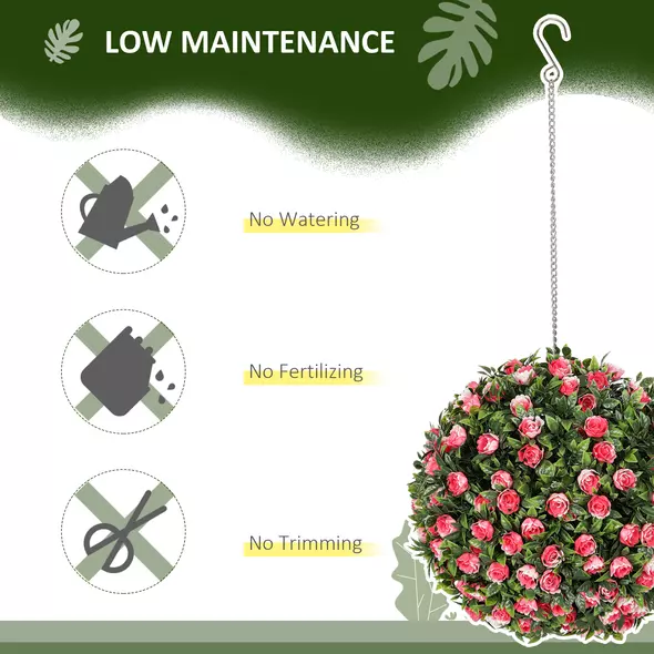 HOMCOM Set of 2 Decorative Artificial Plants, UV-protected Artificial Plant Topiary Rose Balls, Fake Plants for Home Indoor outdoor Decor, 28cm, Pink - 5