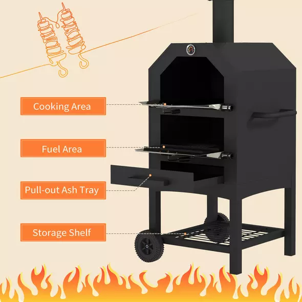Outsunny Steel 3-Tier Outdoor Pizza Oven Charcoal BBQ Grill, Black - 5
