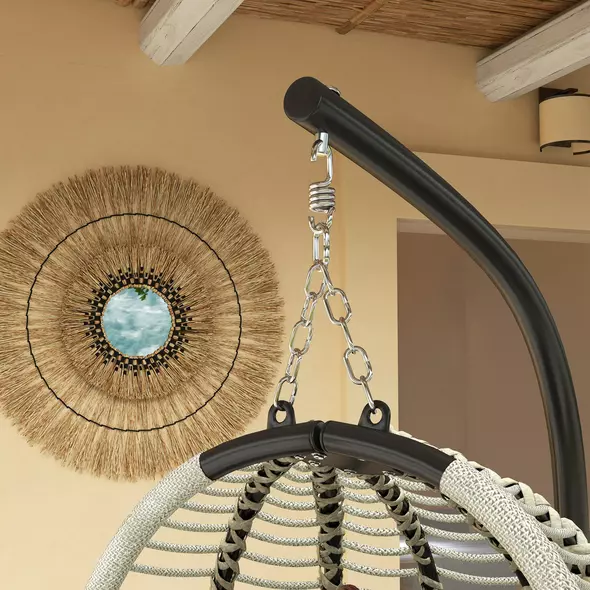 Outsunny Outdoor Swing Chair with Thick Padded Cushion, Patio Hanging Egg Chair with Metal Stand, Foldable Basket, Cup Holder, Rope Structure for Indoor & Outdoor, Dark Grey - 9