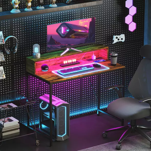 HOMCOM 100cm Computer Desk with LED Lights and Power Outlets, Gaming Desk with Monitor Stand, Computer Table with Remote for Home Office Study, Rustic Brown - 8