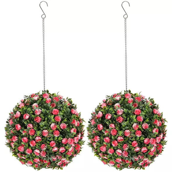HOMCOM Set of 2 Decorative Artificial Plants, UV-protected Artificial Plant Topiary Rose Balls, Fake Plants for Home Indoor outdoor Decor, 28cm, Pink - 1