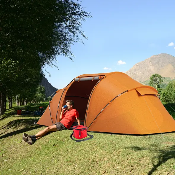 Outsunny 4-6 Man Camping Tent with Living Area and 2 Bedrooms, Hiking Sun Shelter, UV Protection Tunnel Tent, Orange - 2