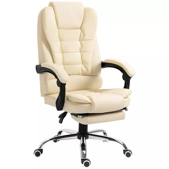 HOMCOM Executive Office Chair, Home Office Chair with Swivel Wheels, Reclining Backrest, Retractable Footrest, Cream White - 1