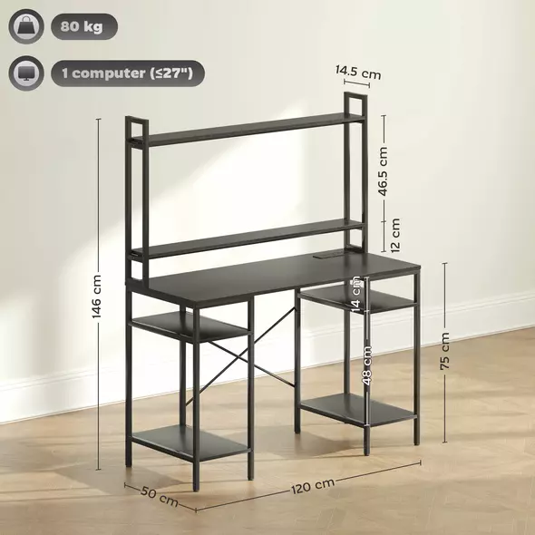 HOMCOM Computer Desk with Power Outlets and LED Lights, Home Office Desk with Monitor Stand, 2 CPU Stands and Storage Shelves, Study Table Gaming Desk with Hutch, Black - 3