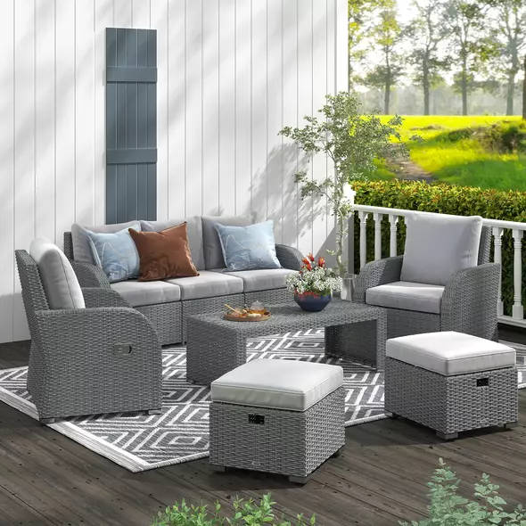 Outsunny Six-piece Outdoor Rattan Dining Set, Outdoor Sofa Set with Reclining Armchairs and Mental Frame, Grey - 2