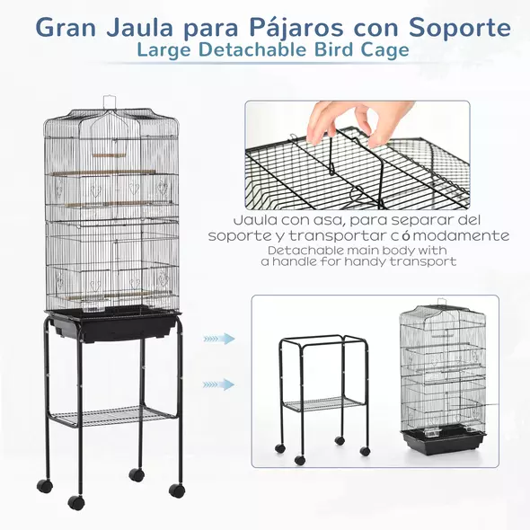 PawHut Bird Cage Budgie Cages for Finch Canary Parakeet with Stand Wheels Slide-out Tray Accessories Storage Shelf, Black 46.5 x 36 x 157 cm - 4