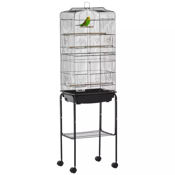 PawHut Bird Cage Budgie Cages for Finch Canary Parakeet with Stand Wheels Slide-out Tray Accessories Storage Shelf, Black 46.5 x 36 x 157 cm - 1
