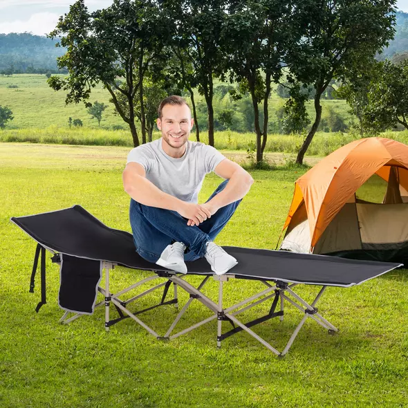 Outsunny Single Person Camping Bed Folding Cot Outdoor Patio Portable Military Sleeping Bed Travel Guest Leisure Fishing with Side Pocket and Carry Bag - Black - 2