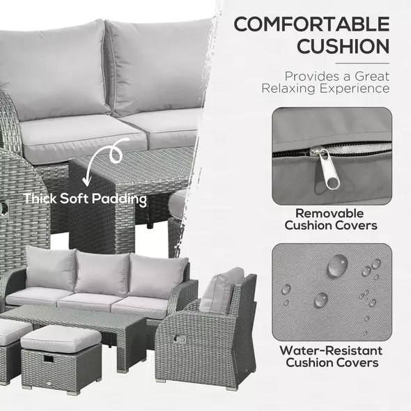 Outsunny Six-piece Outdoor Rattan Dining Set, Outdoor Sofa Set with Reclining Armchairs and Mental Frame, Grey - 8