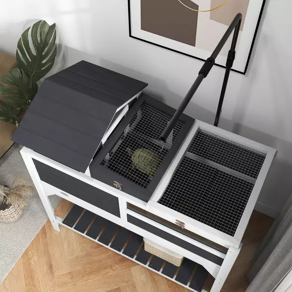 PawHut Wooden Tortoise Enclosure, Tortoise Tank w/ Adjustable Lamp Holder, Openable Lid, Removable Main House - Grey - 9
