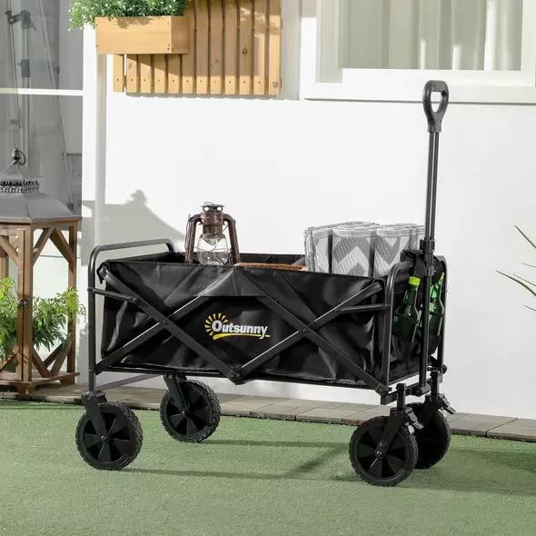 Outsunny Folding Steel Frame Garden Storage Cart, with Wheels and Handle - Black - 2