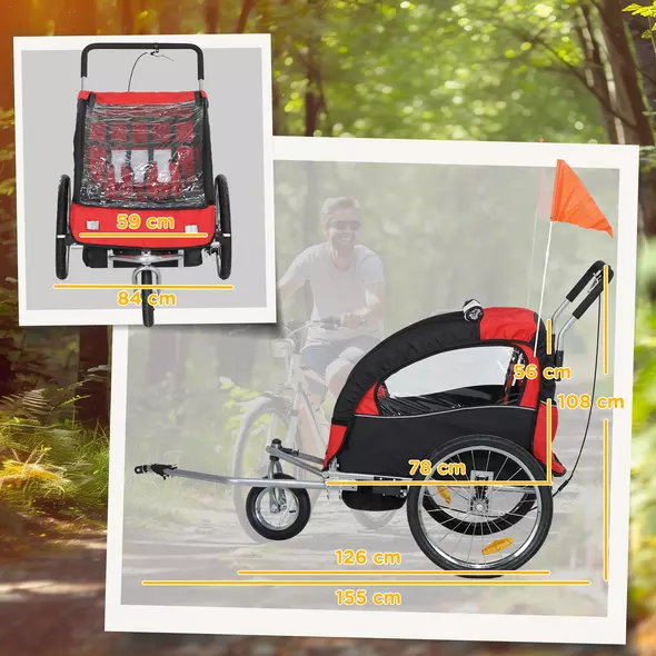 HOMCOM 2 Seat Bike Trailer with 5 Point Harness, Baby Bike Stroller with Safety Flag, Reflectors, for 18+ Months, Red - 3