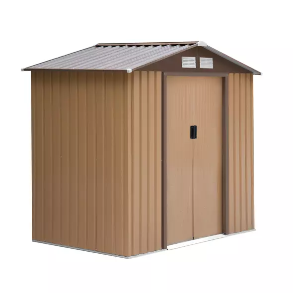 Outsunny 7 x 4ft Lockable Metal Garden Tool Storage Shed, Outdoor Storage Shed with Foundation and vents, Light Brown - 1