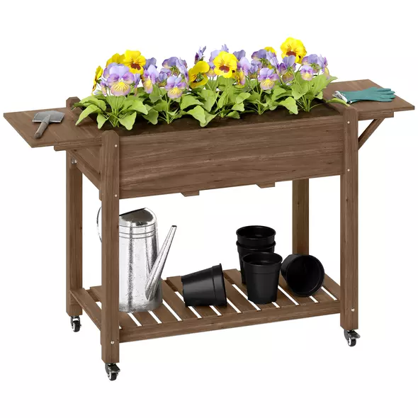 Outsunny 46 x 94cm Wooden Raised Planter, with Shelves - Carbonised - 1