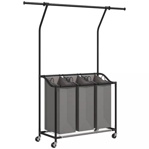 HOMCOM 3x 42L Laundry Basket Unit, with Hanging Rail - Black/Grey - 1