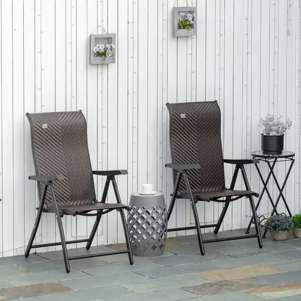 Outsunny Set of Two Folding Garden Chairs, with Seven-Position Adjustable Backs - Brown - 2