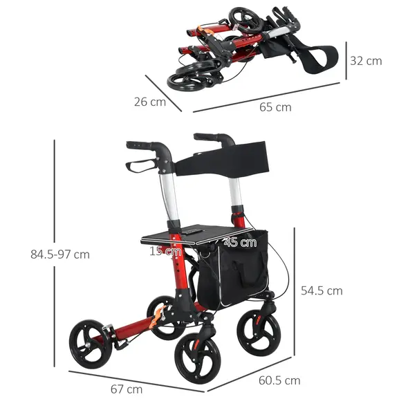 HOMCOM Folding Rollator Walker with 6 Adjustable Handle Height for People with Limited Mobility, Red - 3