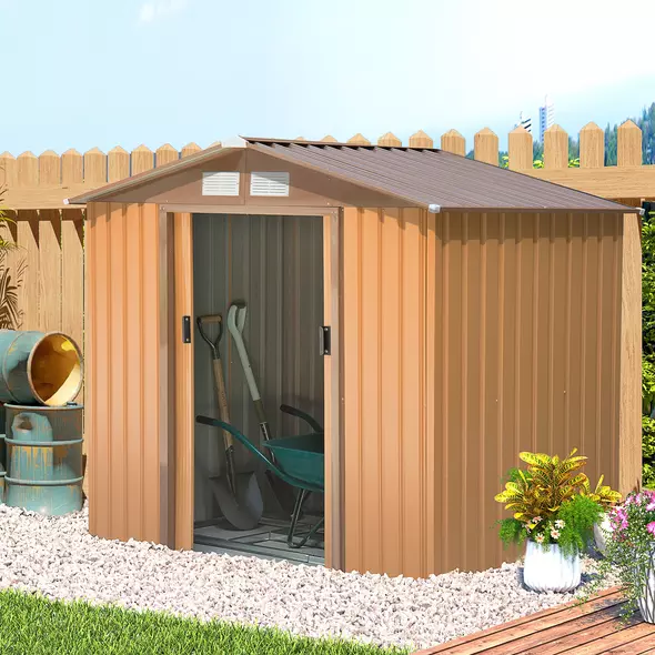 Outsunny 7 x 4ft Lockable Metal Garden Tool Storage Shed, Outdoor Storage Shed with Foundation and vents, Light Brown - 2