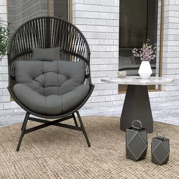 Outsunny Rattan Egg Chair, Oversized Freestanding Garden Egg Chair with Thick Tufted Cushion, Headrest, Steel Frame for Indoor and Outdoor Use, Charcoal Grey - 9