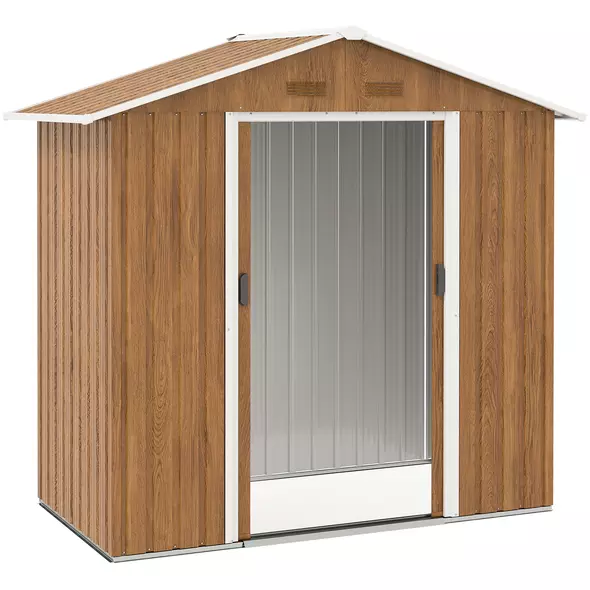 Outsunny 6.5 x 3.5ft Metal Garden Storage Shed - Brown Wood Effect - 1