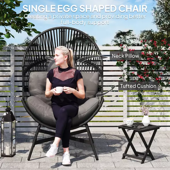 Outsunny Rattan Egg Chair, Oversized Freestanding Garden Egg Chair with Thick Tufted Cushion, Headrest, Steel Frame for Indoor and Outdoor Use, Charcoal Grey - 5