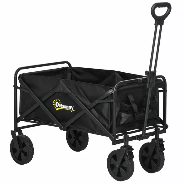 Outsunny Folding Steel Frame Garden Storage Cart, with Wheels and Handle - Black - 1