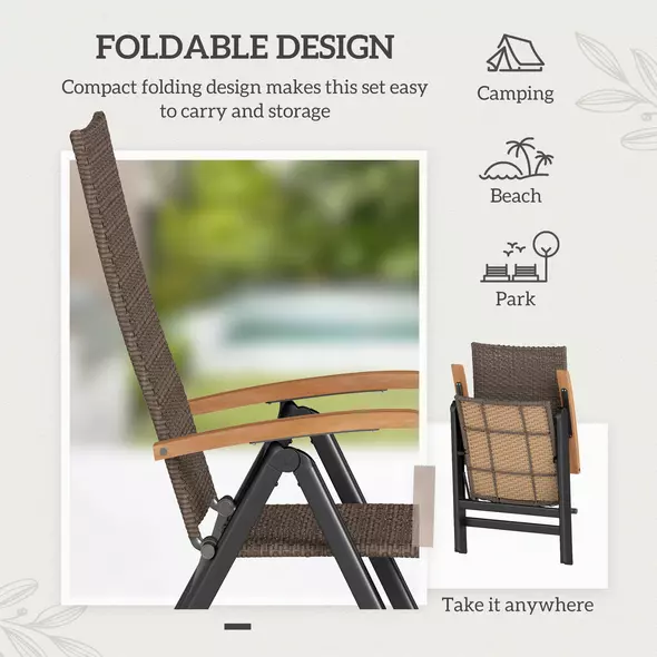 Outsunny 2 Pieces Folding Rattan Garden Dining Chairs with 5-level Reclining High Back, Wood Armrests for Outdoor - Brown - 6