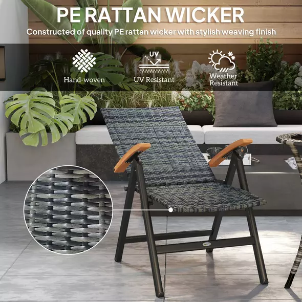Outsunny 2 Pieces Folding Rattan Garden Dining Chairs with 5-level Reclining High Back, Wood Armrests for Outdoor - Mixed-grey - 5