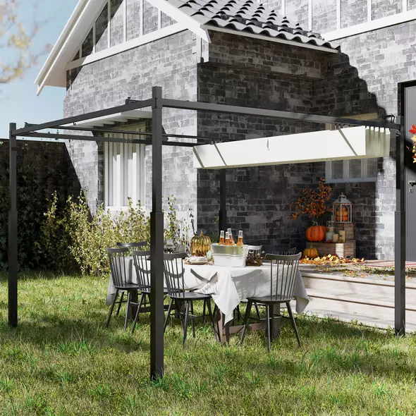 Outsunny 3 x 3(m) Metal Pergola with Retractable Roof and Magnetic Fixture, Outdoor Gazebo Garden Pergola Kit Sun Shade Canopy, UPF30+, 80mm Metal Column, Cream White - 2