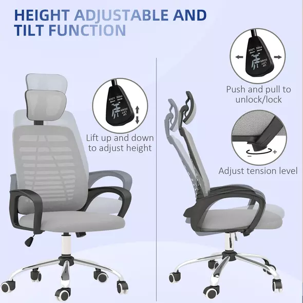 Vinsetto Ergonomic Office Chair, Mesh Desk Chair with Rotatable Headrest, Lumbar Back Support, Armrest, Grey - 4