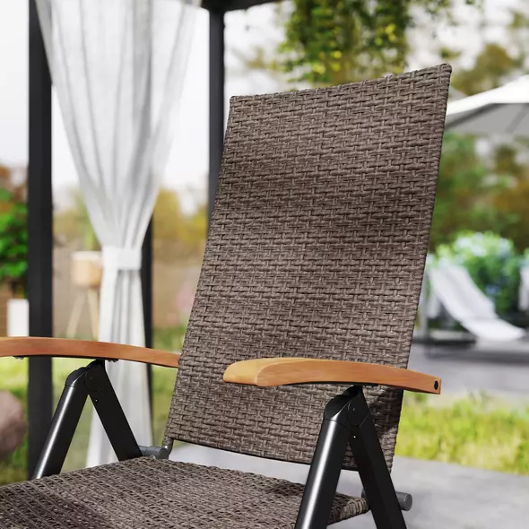 Outsunny 2 Pieces Folding Rattan Garden Dining Chairs with 5-level Reclining High Back, Wood Armrests for Outdoor - Brown - 8