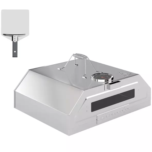 Outsunny 8 in Portable Stainless Steel BBQ Grill Top Pizza Oven with Built-in Thermometer and Viewing Window for Gas and Charcoal BBQ Grills, Includes Carry Handles, Pizza Stone and Peel, Silver Tone - 1