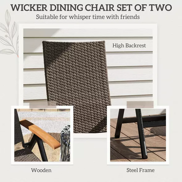 Outsunny 2 Pieces Folding Rattan Garden Dining Chairs with 5-level Reclining High Back, Wood Armrests for Outdoor - Brown - 4