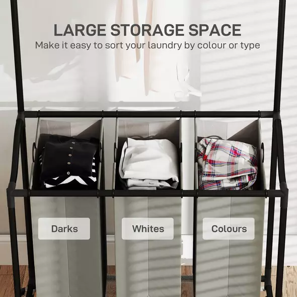 HOMCOM 3x 42L Laundry Basket Unit, with Hanging Rail - Black/Grey - 5