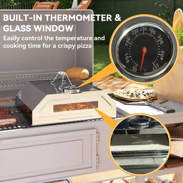 Outsunny 8 in Portable Stainless Steel BBQ Grill Top Pizza Oven with Built-in Thermometer and Viewing Window for Gas and Charcoal BBQ Grills, Includes Carry Handles, Pizza Stone and Peel, Silver Tone - 5