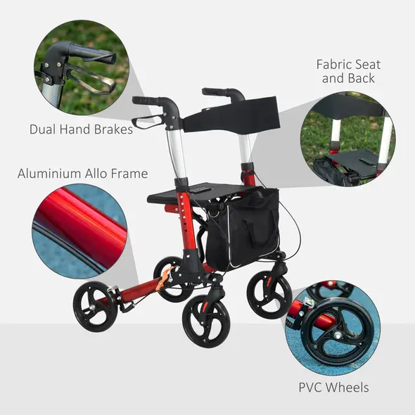 HOMCOM Folding Rollator Walker with 6 Adjustable Handle Height for People with Limited Mobility, Red - 5