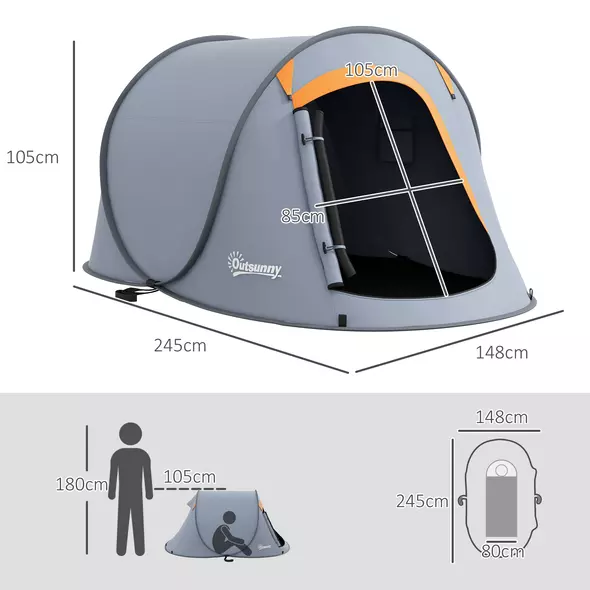 Outsunny Two-Man Pop-Up Dome Tent, with Accessories - Grey - 3